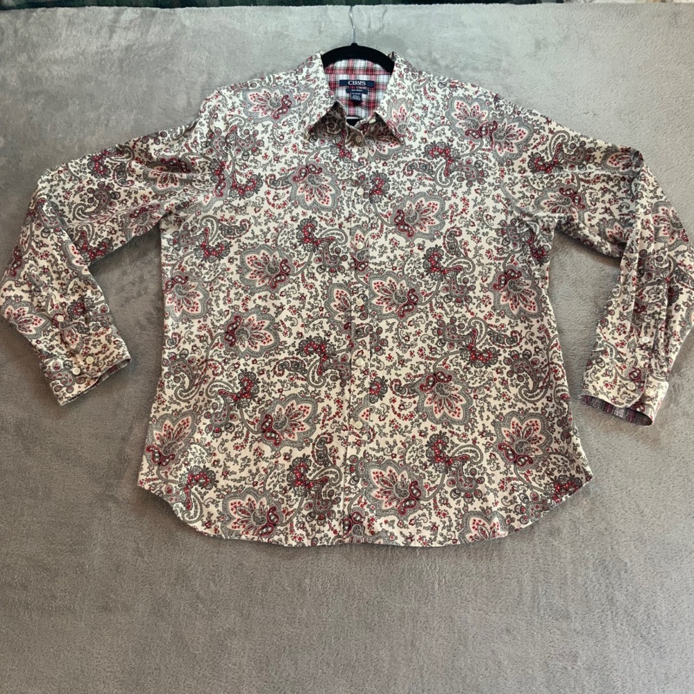 Chaps Womens XL No Iron Cotton Paisley Button Down Shirt Red Grey Cream